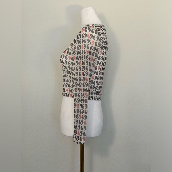 Asos White Sheer Long Sleeve Crop Top Brown and Orange Yin Yang Pattern Size 2P - Picture 6 of 11